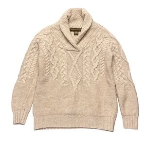 Inis Crafts Ireland 100% Merino Wool Shawl Collar Cable Knit Sweater Size S